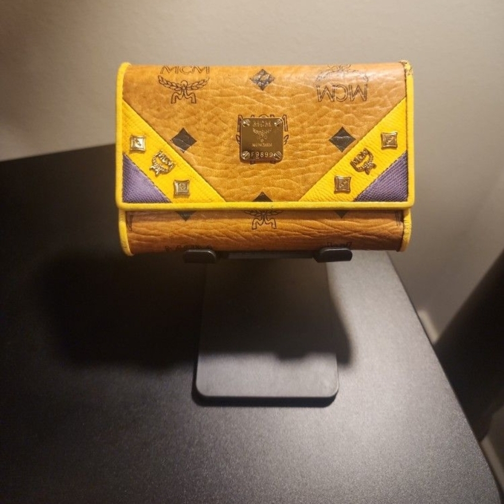 MCM Trifold Wallet, RARE Style Visetos Original Cognac Monogram With Purple